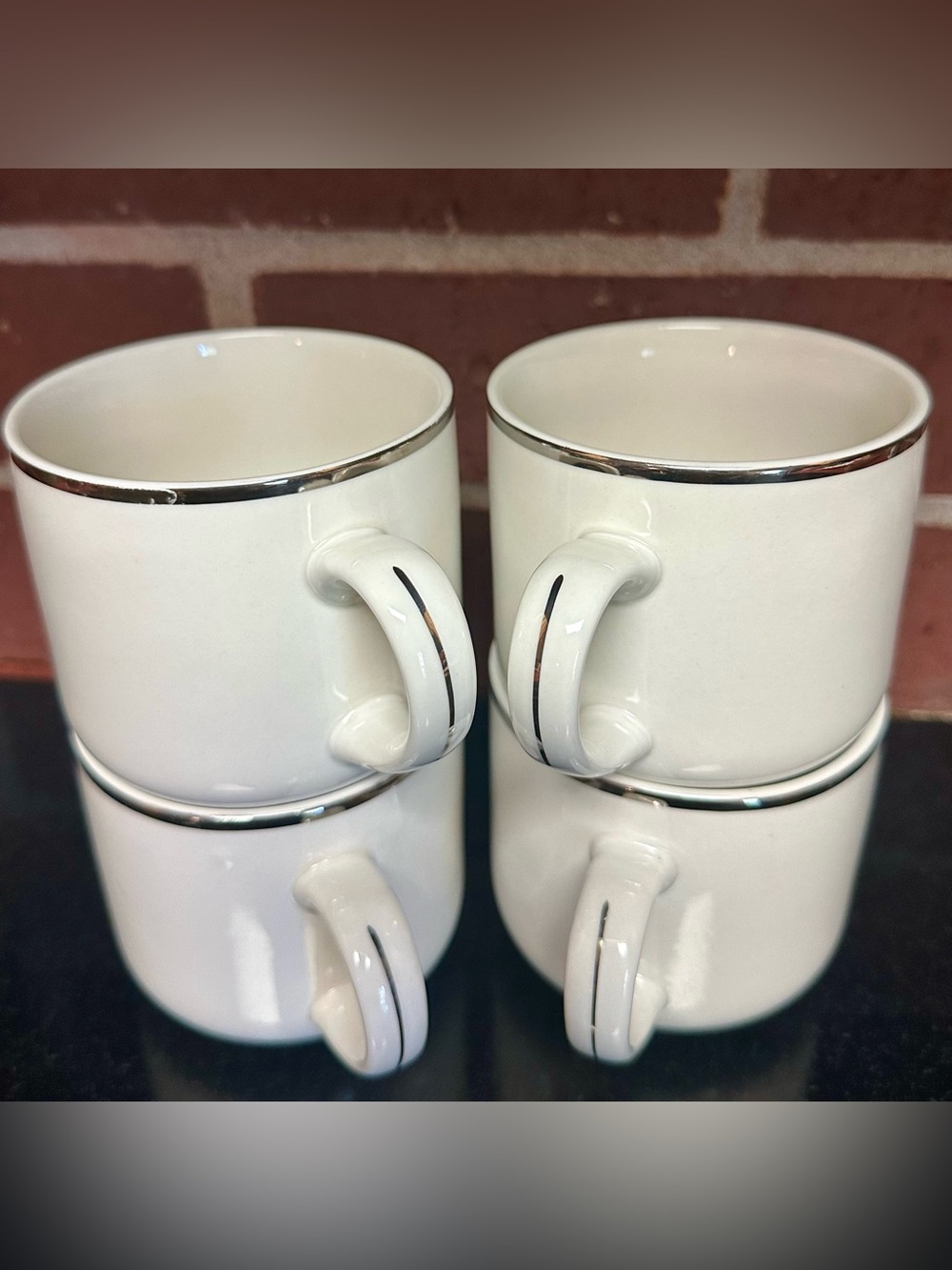 Gibson Housewares pearl white mugs with silver trim, set of 4